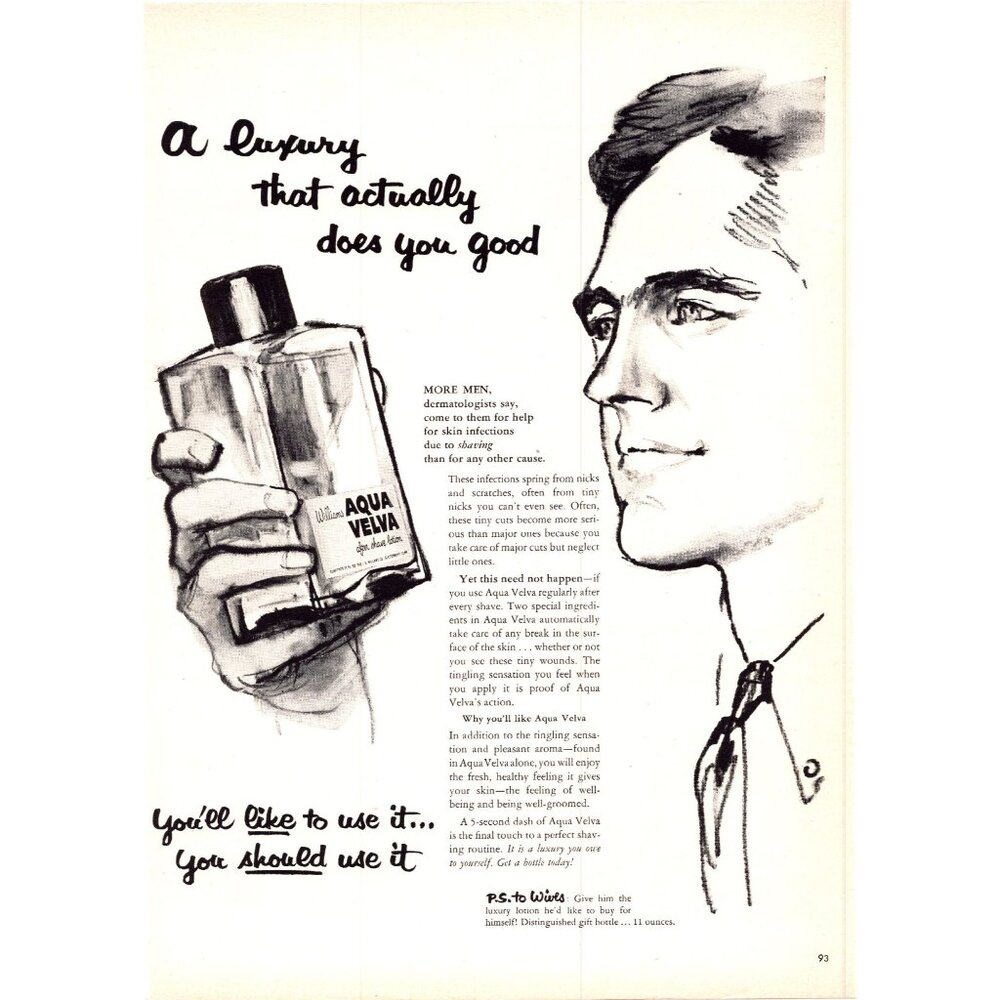 1952 Williams Aqua Velva After Shave Lotion Vintage Print Ad Mens 50s Wall Art